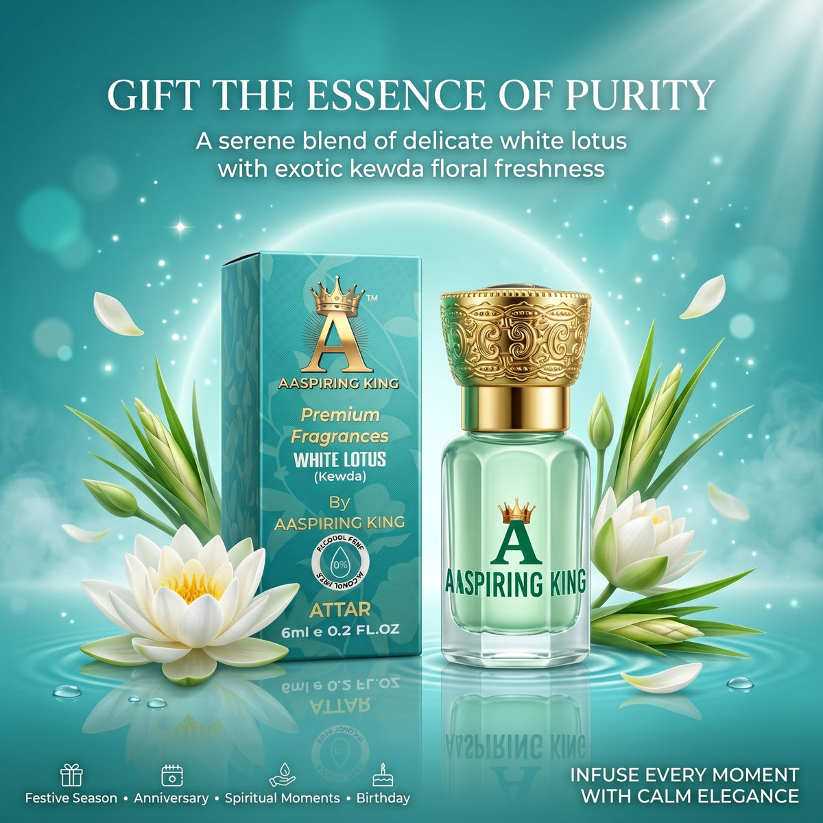 Aaspiring King White Lotus (Kewda) Premium Attar 6 ML